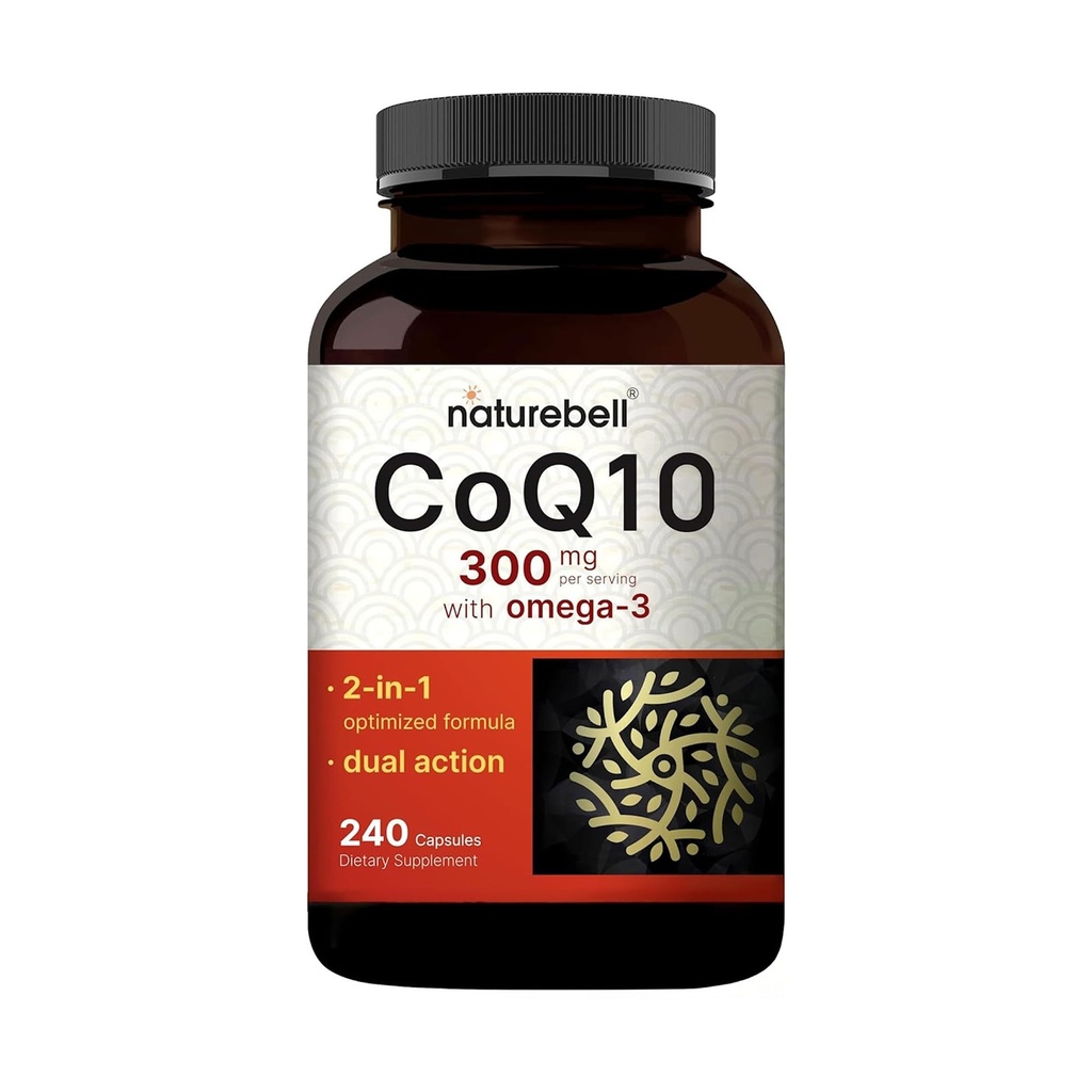 NatureBell CoQ10 300mg med Omega 3, 240 kapslar - 120 dagars leverans | Stabil hög absorptionsform - Antioxidant stöd för hjärt- och energihälsa - extra styrka Coenzyme Q10 Supplement