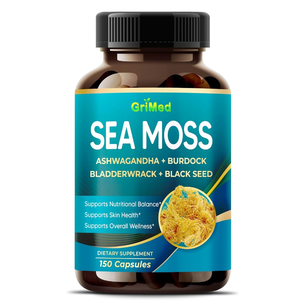 Premium Sea Moss med Ashwagandha, Burdock Bladderwrack, Black Seed för Immune System, Skin, Digestion & Energy- Made i USA (150 greve av 1)