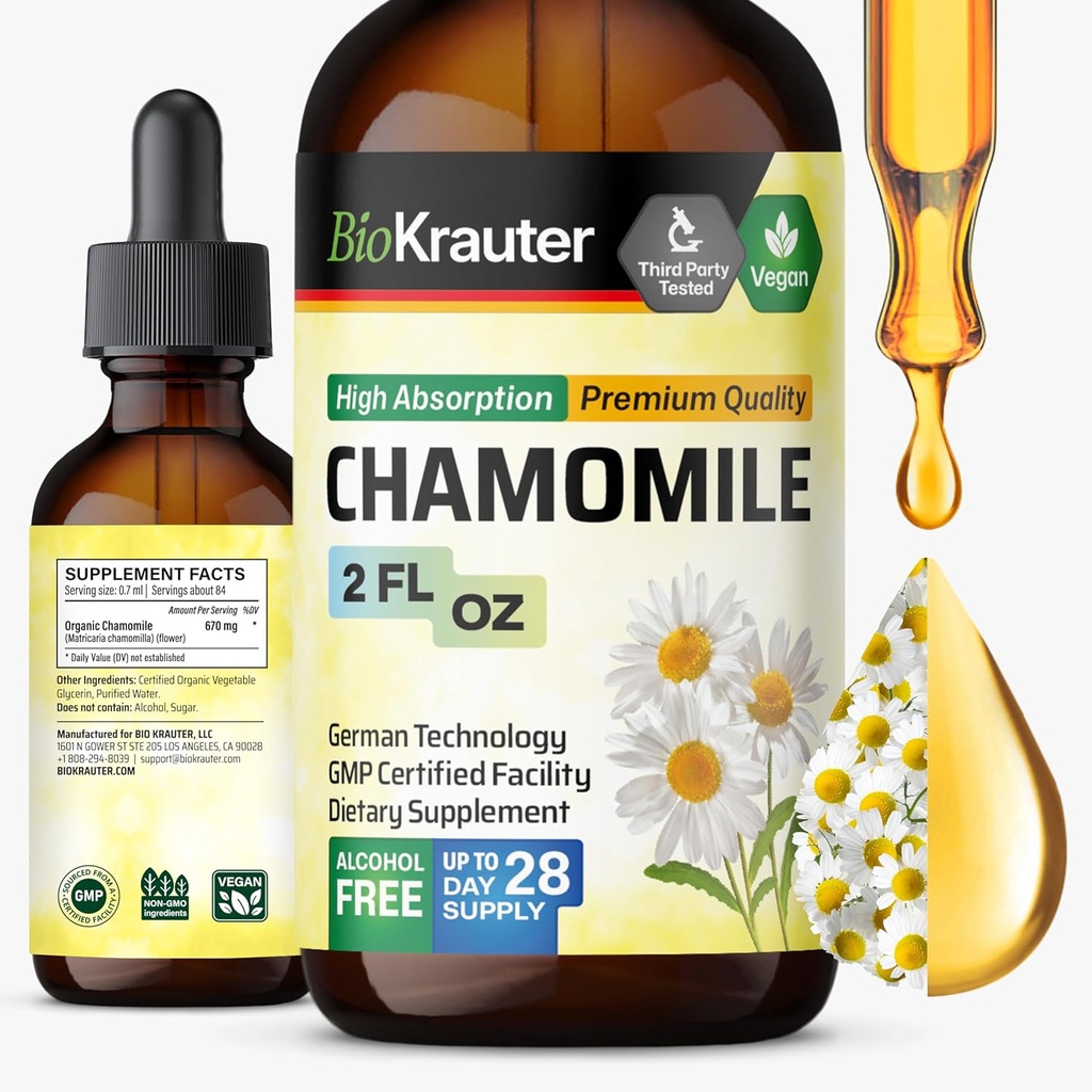 BIO KRAUTER Chamomile Flowers Tincture - Chamomile Extract - Innehåller Apigenin - Tillägg för avkoppling och lugn Support - alkohol och sockerfri - Vegan Drops 2 Fl.Oz.
