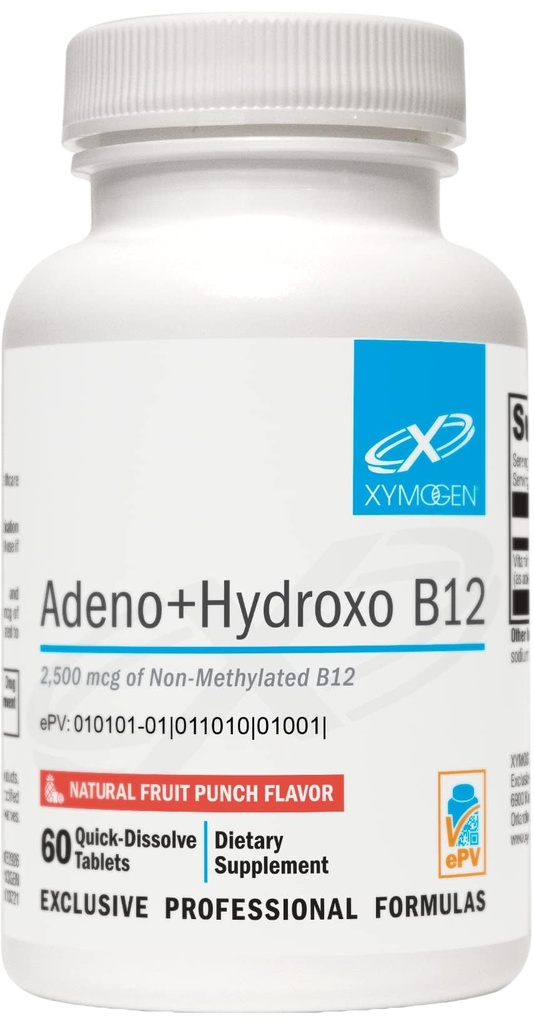 XYMOGEN Adeno+Hydroxo B12 - Non-Methylated (2 500mcg) - Quick-Dissolve B12 Lozenges med Adenosylcobalamin B12 + Hydroxocobalamin - Kognitivt stöd, Fruit Punch Flavor (60 tabletter)