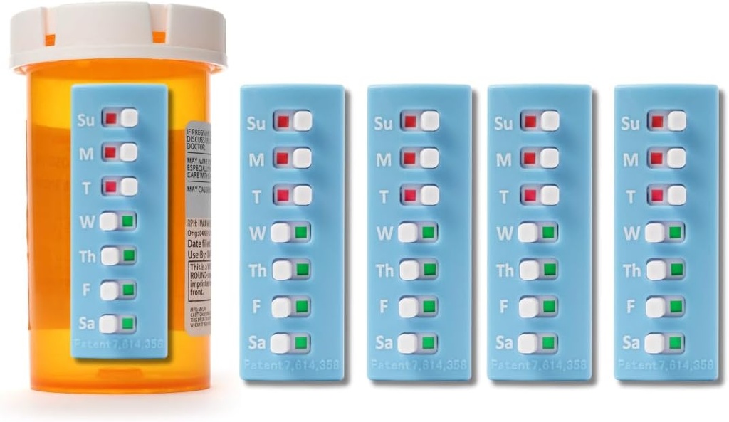 Take-n-Slide Peel och Stick Reusable för 12 + Refills, Pill/Medication/Vitamin/Pet Med Tracker & Reminder, Attach to Your Bottle, Organizer-Free, Curved-Back (Blue, 5-Pack)