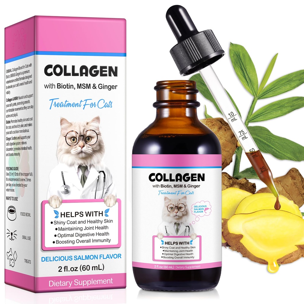 Collagen för katter, Cat Collagen Liquid Drops för katter med Biotin, MSM & Ginger Digestive & Immunity Support, Itch Relief, Skin & Coat och Joint Health, Cat Supplement 60ml
