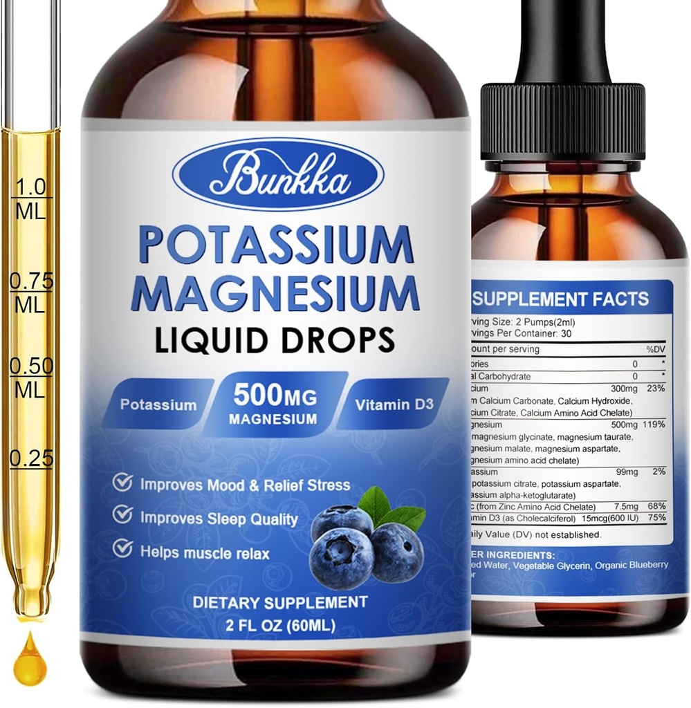 Kalium Magnesium Tillägg - Hög Absorption Magnesium Komplex 500mg & Kalium 99mg Plus Kalcium, Vitamin D3, Zink, Sugar Gratis Drops Tillägg för Leg Kramper, Energi, Metabolism (Blueberry)