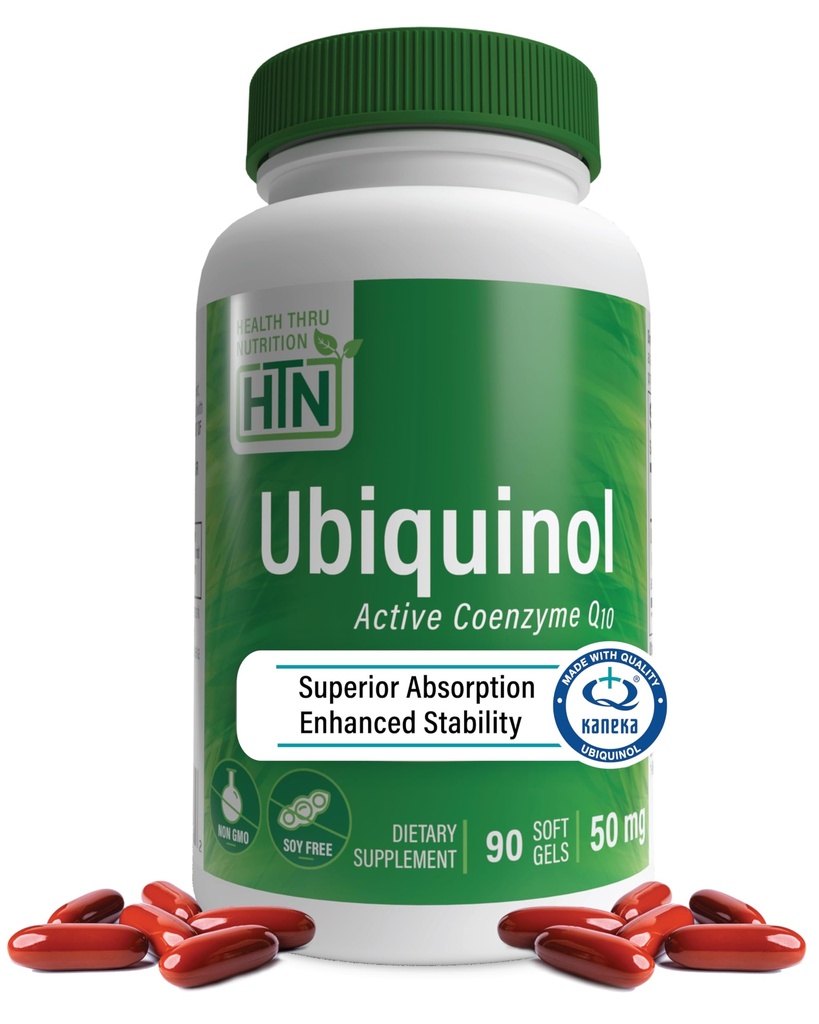 Health Thru Nutrition Ubiquinol 50mg 90 Softgels som Kaneka QH Reduced CoQ-10 | Stabiliserad - 3rd Party Tested | Förbättrad biotillgänglighet | Cardiovascular & Mitochondria Function Support | Non-GMO
