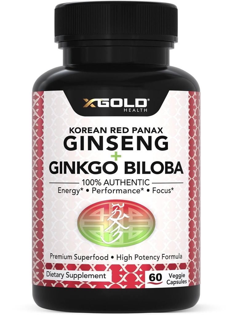 Koreanska Röda Panax Ginseng 1200mg + Ginkgo Biloba - Extra Strength Root Extract Powder Supplement w / Hög Ginsenosides Vegan kapslar för energi, prestanda och fokus - Tillägg för Män & Kvinnor