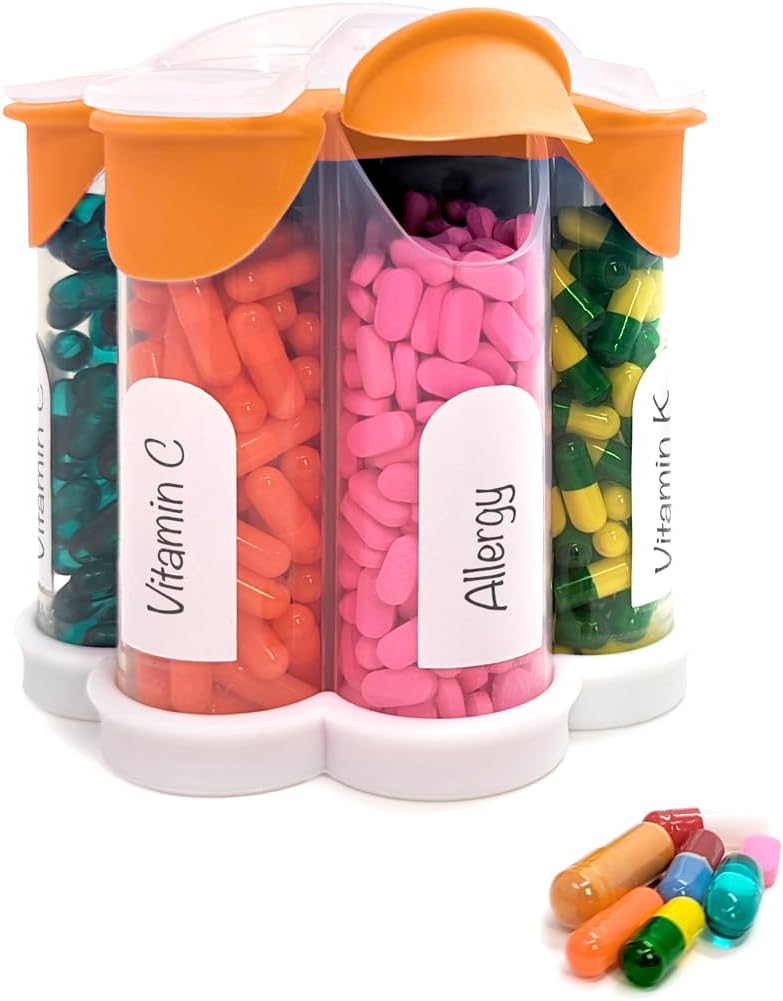 Extra Large Pill Organizer Daily, Weekly, Monthly Supplement Bottle, Cute Blossom Pill Dispenser med 7 XL Compartments, Easy-Open Pill Box för vitaminer, Mediciner, Etiketter Inkluderade (Orange)