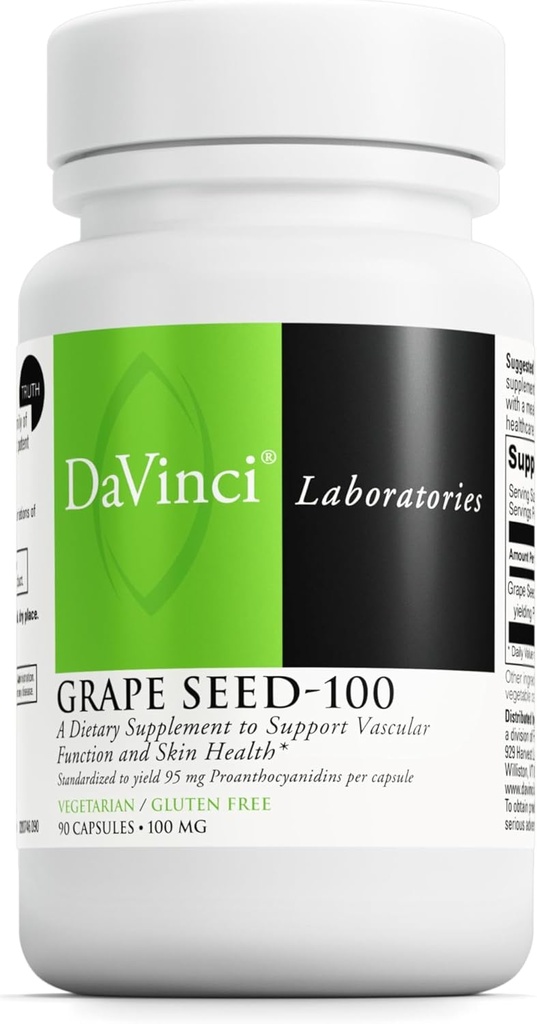 DAVINCI Labs Grape Seed-100 - Kosttillskott för att stödja immunsystem, vaskulär funktion och hälsosam hud * - med 100 mg Grape Seed Extract per servering - Glutenfri - 90 vegetariska kapslar