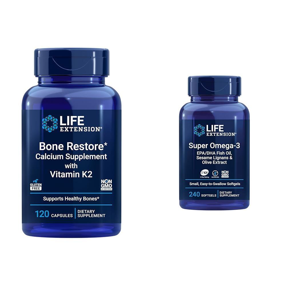 Life Extension Bone Restore + Vitamin K2 Vitaminer & Minerals Upprätthåller Bone Health & Strength & Super Omega-3 EPA / DHA Fish Oil, Sesam Lignans & Olivextrakt