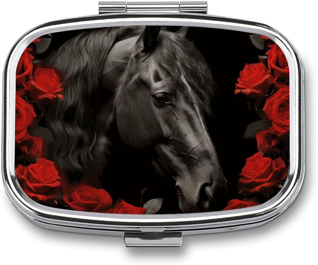 Black Horse på en bakgrund av Red Roses Pill Box 2 Compartment Portable Pill Case Daily Square Pill Organizer för Pocket Purse Daily Medicine Container för att hålla vitaminer Fish Oil Travel Gifts