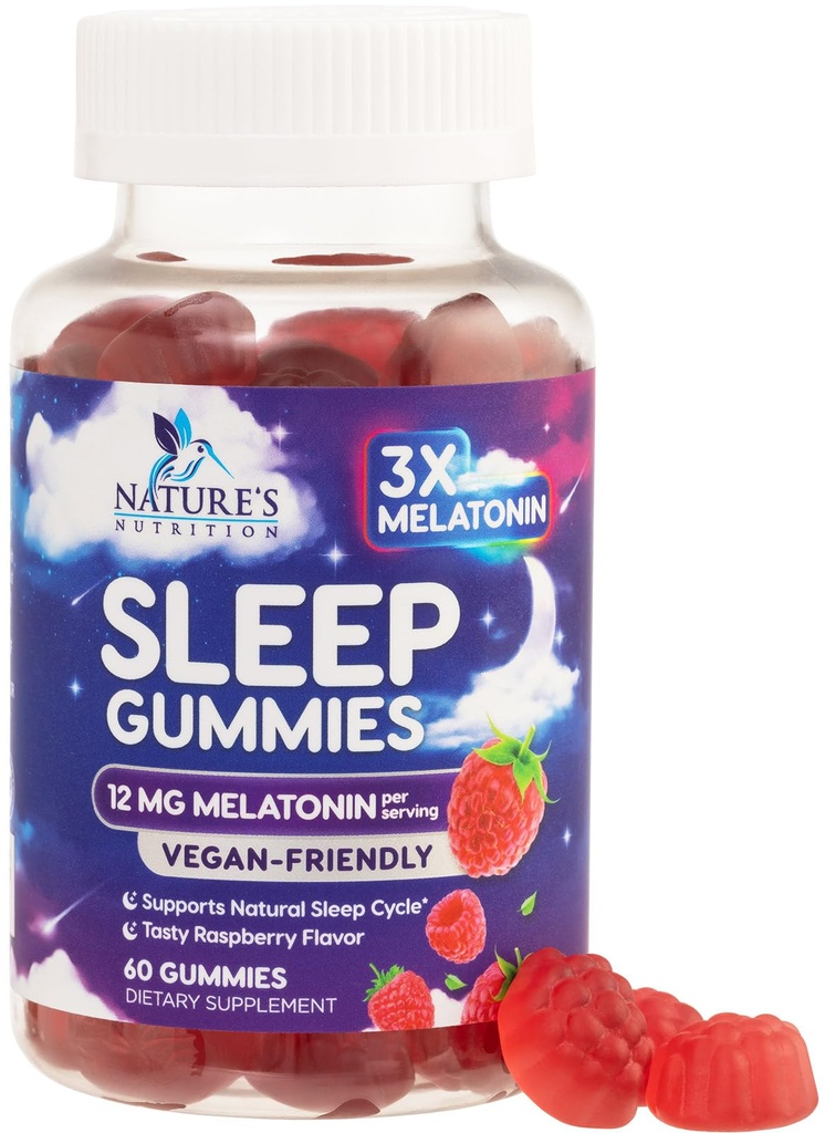 Sleep Gummies för vuxna extra styrka - 12 mg Melatonin Sleep Gummy Supplement, Melatonin Gummy för yrkessömnstödstillägg, Vegan, icke-GMO, Gluten Free, Gomitas para Dormir, 60 Gummies