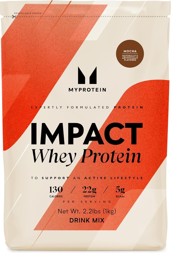 Myprotein Impact Whey Protein Powder, 2.2 Lbs (31 portioner) Mocha, 22g Protein & 5g BCAA Per Servering, skaka för överlägsen prestanda