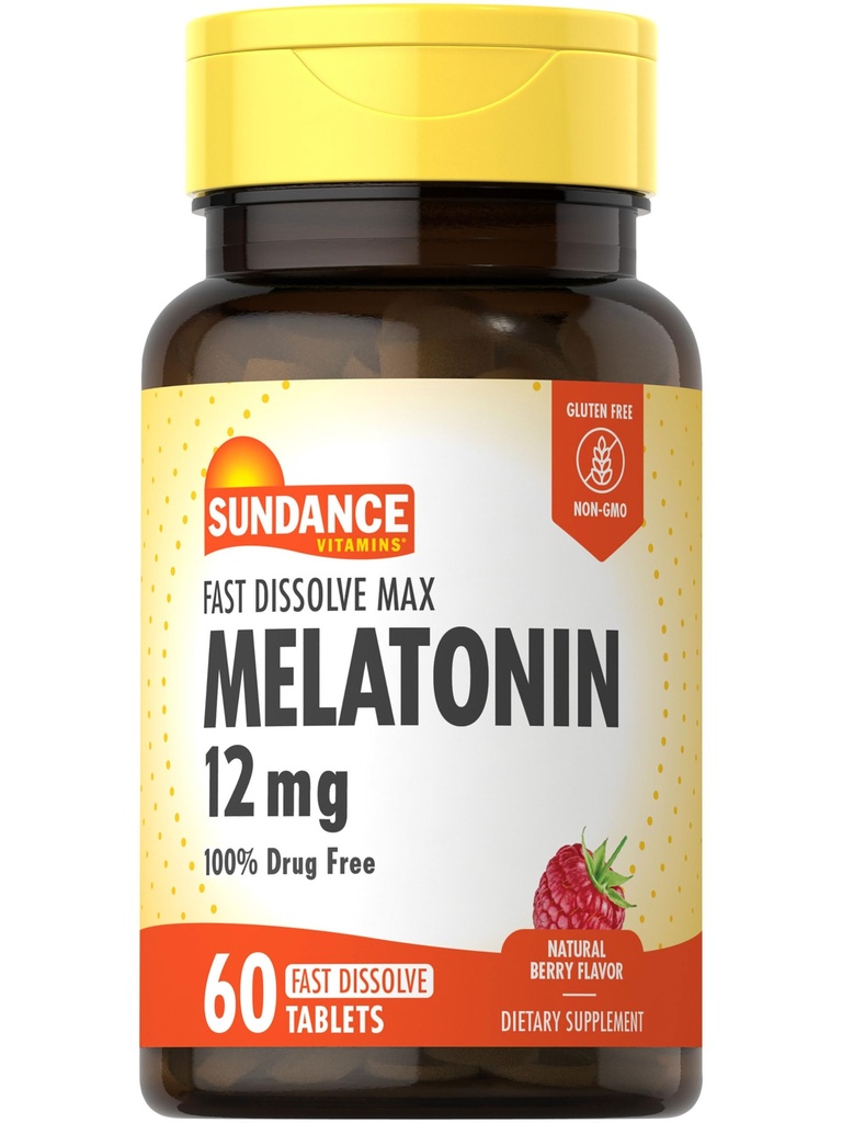 Sundance Melatonin 12mg | 60 Snabbupplösta tabletter | Naturbär smak | Vegetarisk, icke-GMO och Glutenfri tillägg