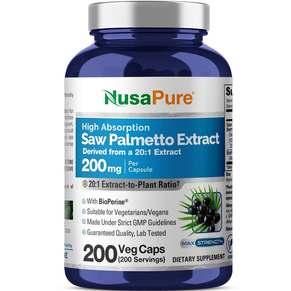 NusaPure Saw Palmetto 20:1 Extrakt, 200 mg Likvärdigt till 4 000 mg per Veggie Caps 200 greve Non-GMO, Vegan, Vegetarian, Bioperine