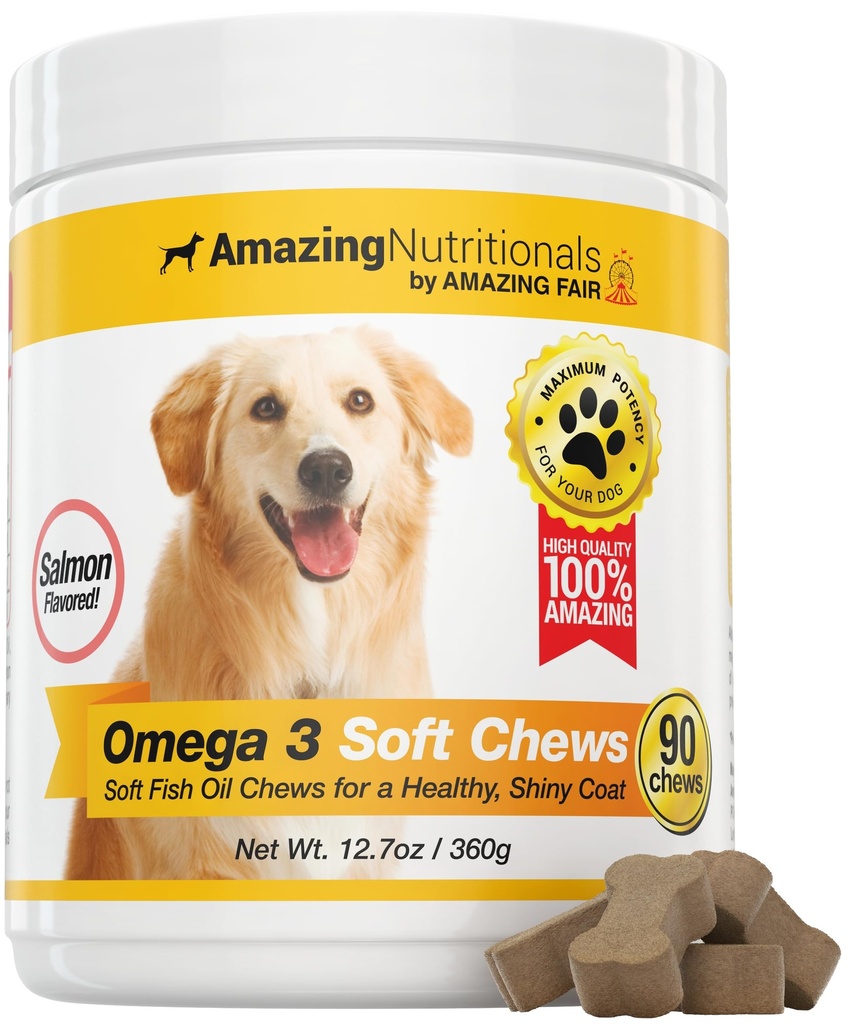 Fantastisk Omega 3 för hundar - Omega 3 Fiskolja för hundar Supplement för Itchy Skin Relief för torr hud och heta fläckar och Shedding Coat med EPA och DHA Fatty Acids - 90 Salmon Soft Chews
