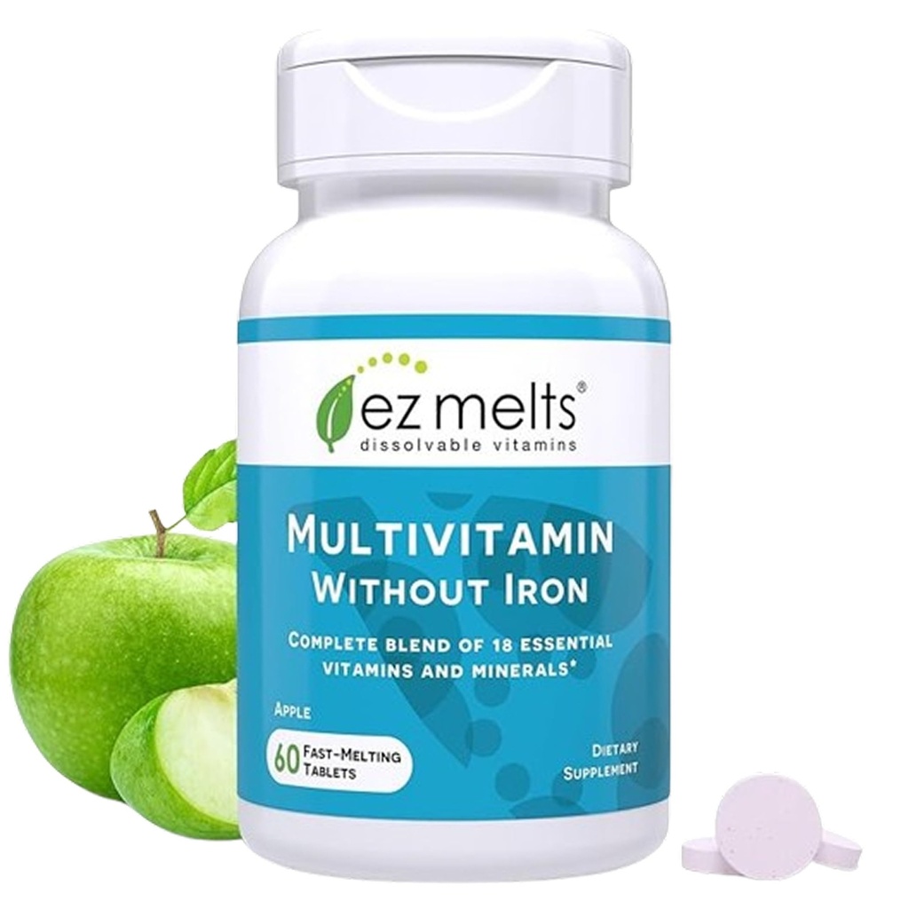EZ smälter upplösbar multivitamin utan järn, 18 vitaminer och mineraler inklusive vitamin A, Biotin, vitamin B12, vitamin C, vitamin D3, Zink och mer, sockerfri, 1-månaders leverans - 1 Pack