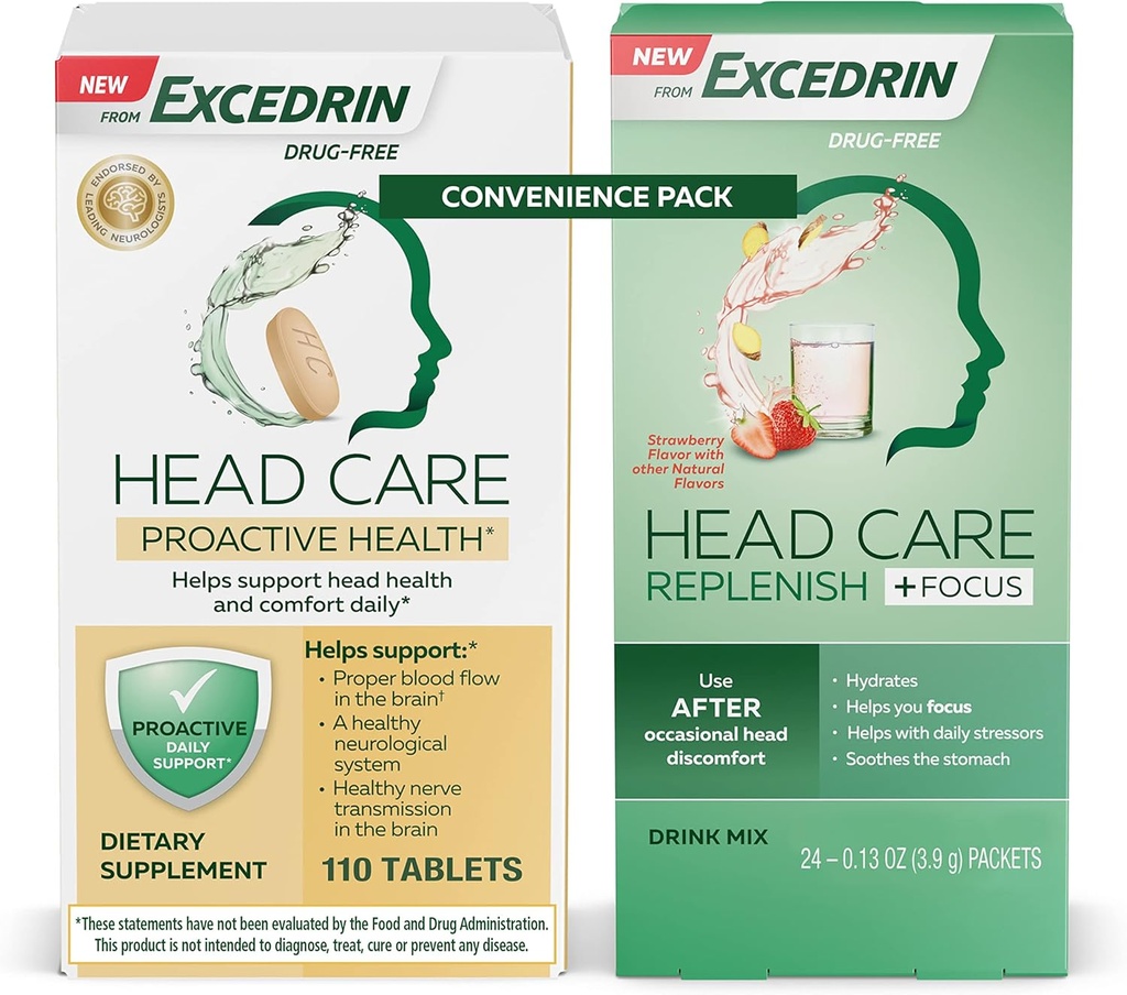 Excedrin Head Care Proactive Health Dietary Supplement - 110 Count och Head Care Replenish Plus Focus Drink Mix från 24 Packets Convenience Pack