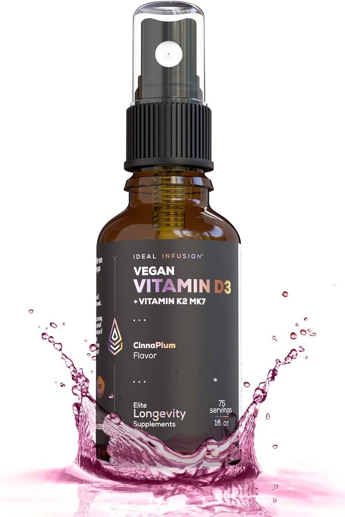 Ideal Infusion Vegan Vitamin D3 5000 iu med K2 (MK-7) Liquid Spray: Organiskt Plum med Cinnamon - Benhälsa, immunstöd, benstruktur (75 portioner)