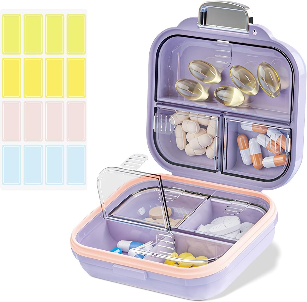 Travel Pill Organizer Box med etiketter, 7 Compartments Portable Mini Pill Case, Daily Medication Organizer Storage Pill Container för Pocket Pharmacy (Purple, S)