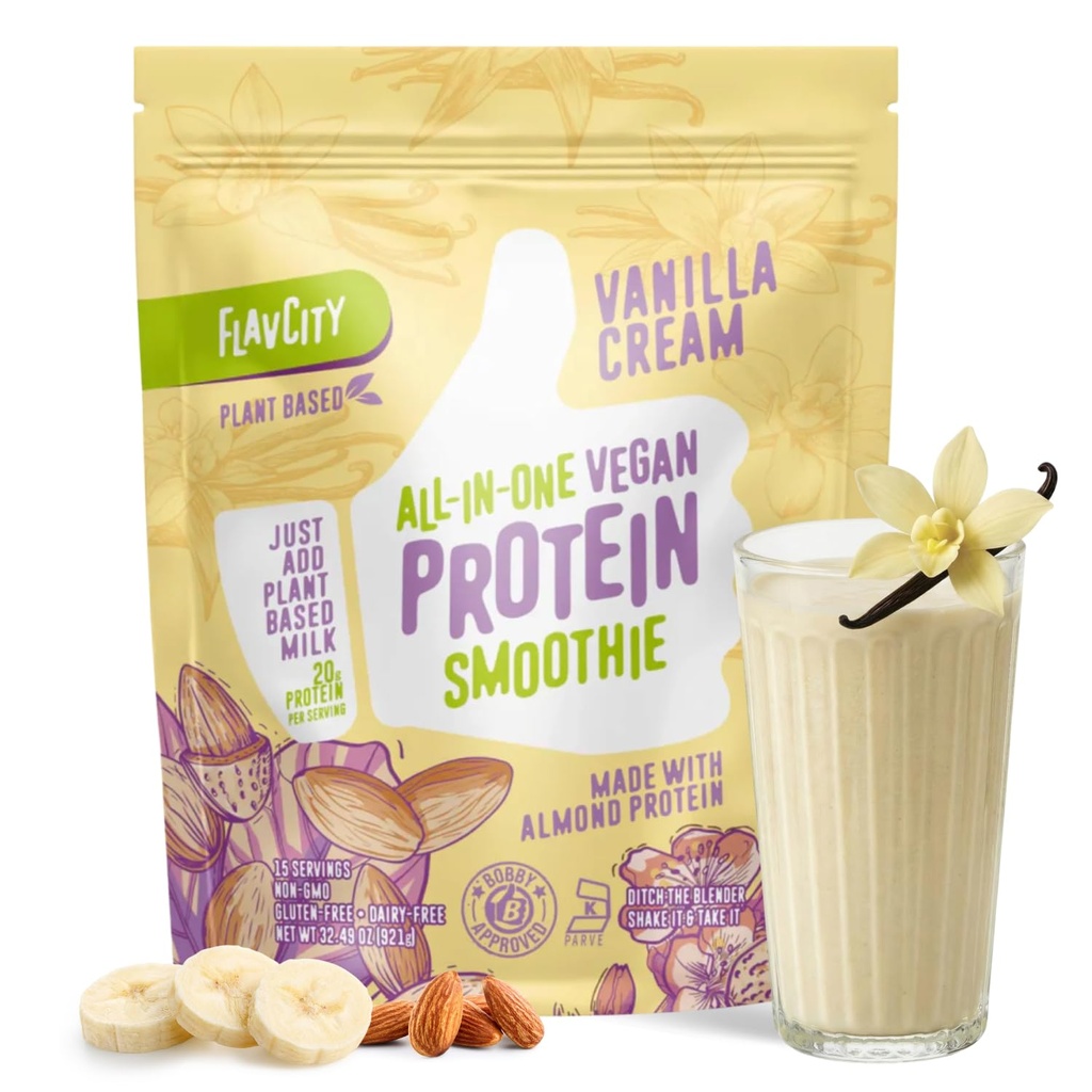 FlavCity All-in-One Vegan Protein Powder Smoothie, Vanilla - Plant-Based Pre-Workout Meal Replacement Shake för kvinnor och män Made med 20 g Almond Protein - Gluten Free & Dairy-Free