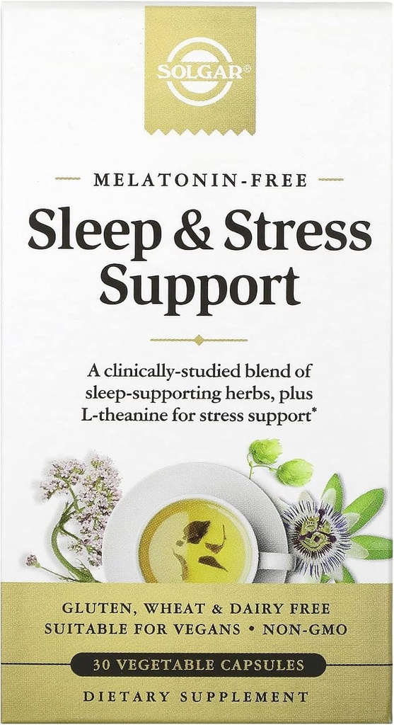 Solgar Sleep & Stress Support, Vegetable Capsules, Melatonin Free, hjälper Relax, lugna dig, somna snabbt, förbättra sömnkvaliteten med Valerian, Passionflower, Hops, Non-GMO, 15 portioner, 30 greve