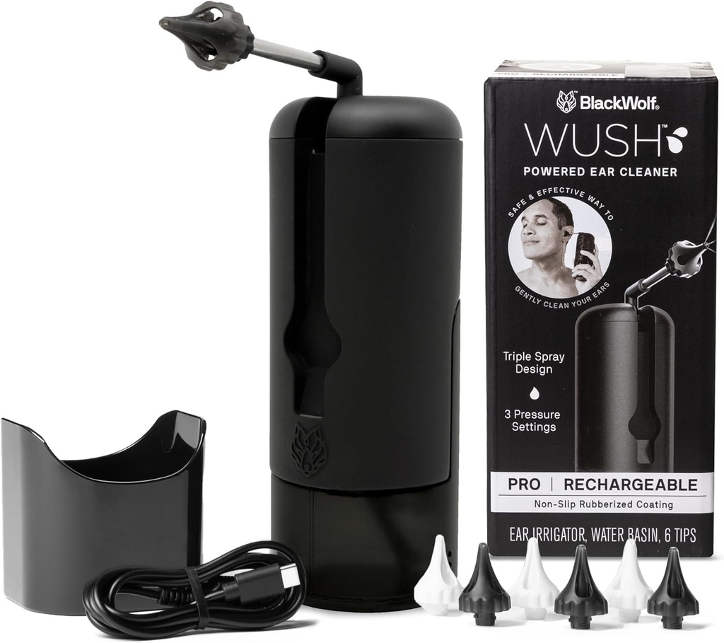 Wush Pro by Black Wolf- Deluxe Water Powered Ear Cleaner-Säker & Effektiv-Elektrisk Triple Jet Stream 3 Tryckinställningar för öron Wax Buildup- Ear Wax Removal Kit- Vattenresistent USB Rechargeable
