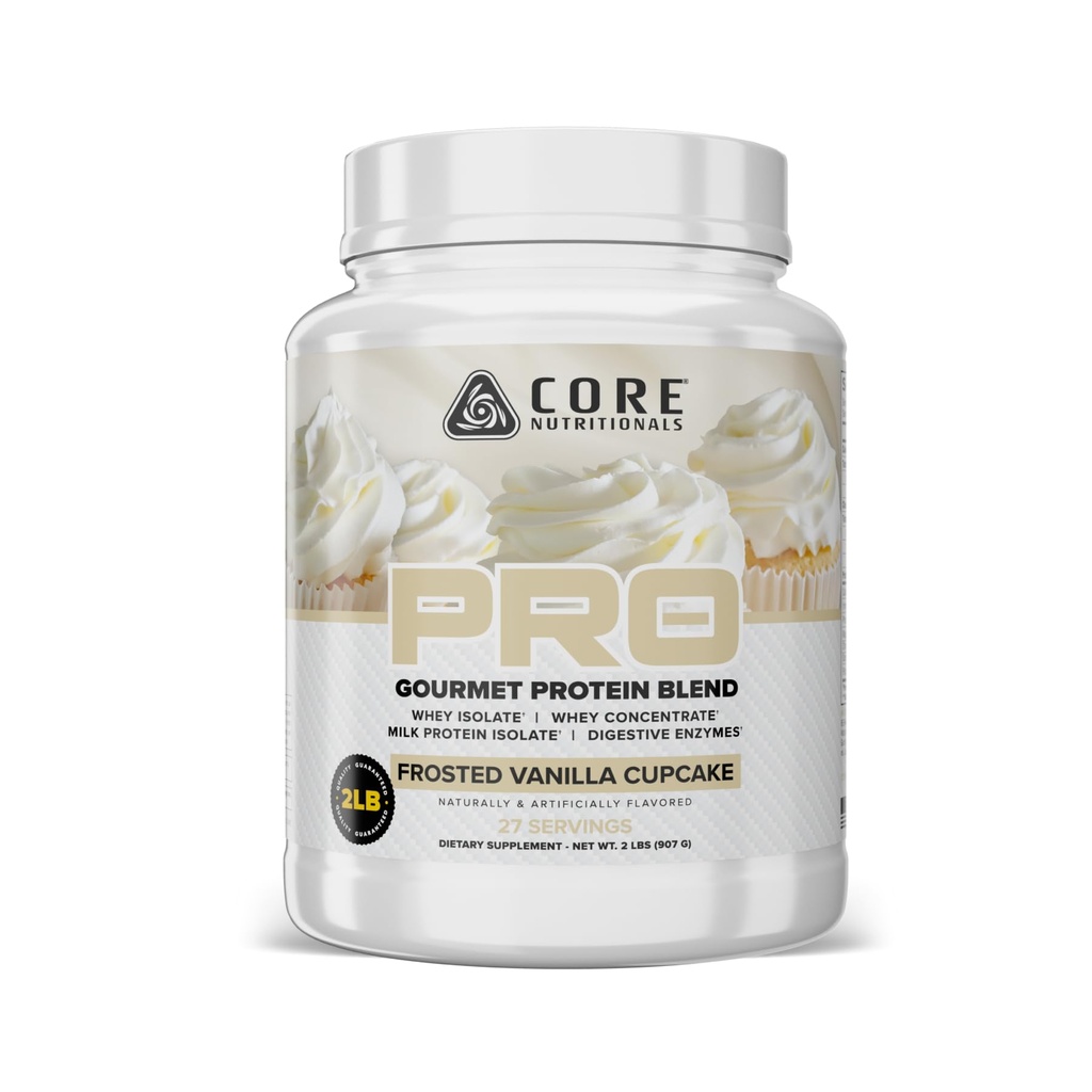 Core Nutritionals PRO Gourmet Protein Blend | Whey Protein Blend | med MCTs & Digestive Enzymes | Sustained Release Protein & Recovery Support | 28 portioner (Frosted Vanilla Cupcake)