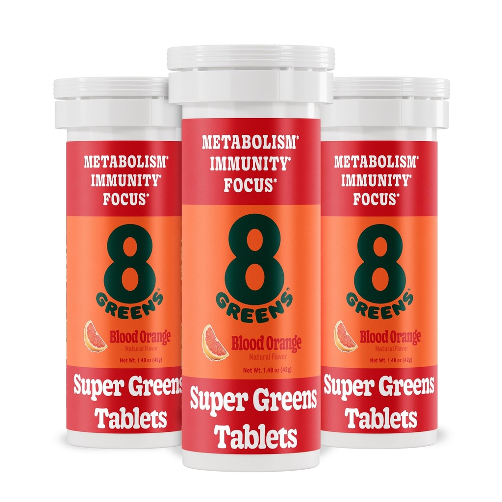 8Greens Supergreens tabletter | Super Greens Powder Superfood Tablet, Metabolism Immunity & Focus, Daily Greens Effervescent Tablets, Organic: Aloe Vera, Spirulina, Chlorella, Blood Orange, 30 portioner