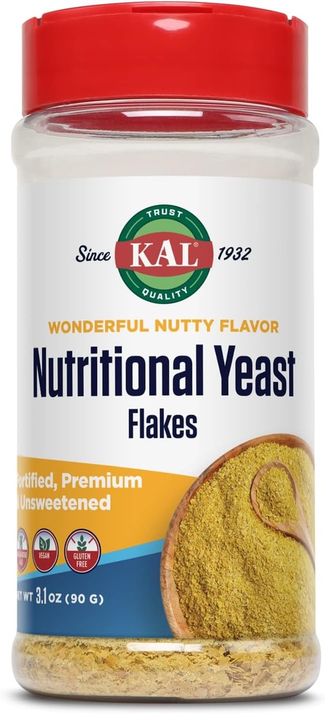KAL Nutritional Yeast Flakes, befäst med B12, folsyra och andra B-vitaminer, osötade, stora Nutty smak, Vegan & Gluten Free, 60-dagars pengar tillbaka garanti, tillverkad i USA, 20 portioner, 3.1oz