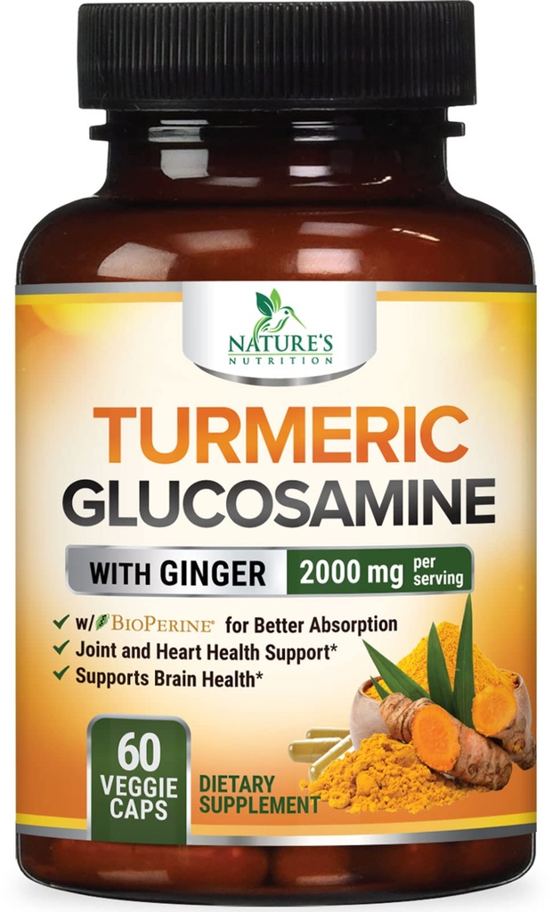 Gurkmeja Curcumin Supplement 2000mg - 95% Curcuminoids med Glukosamin, Ginger & MSM, BioPerine Black Pepper för bästa absorption, Naturens Vegan Joint Support, Non-GMO, Bottled i USA - 60 kapslar