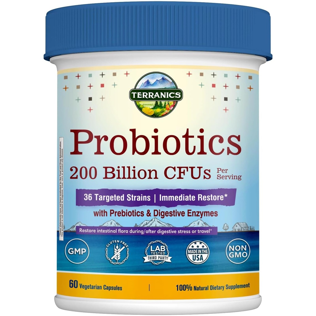 Terranics Daily Probiotics for Men & Women, 200 Billion 36 Strains Immediate Restore Probiotics, med Prebiotics & Enzymes, Healthy Regularity, Delayed Release, Shelf Stable, 60 Veggie Caps