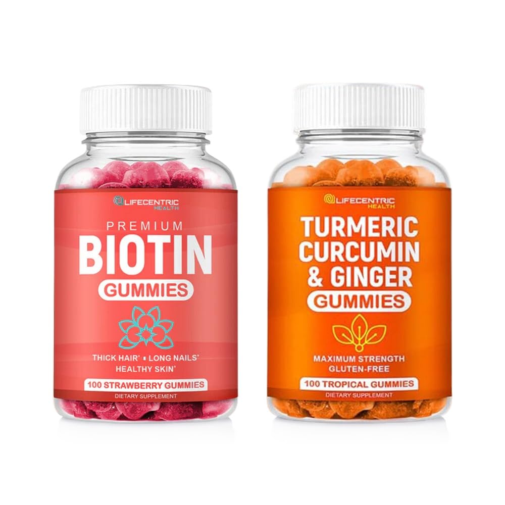 Biotin & Turmeric Vegan Gummies Combo Max Strength Hair Growth, Skin Health och Overall Wellness | 10000mcg Biotin & 95% Standardiserad gurkmeja Curcumin | Naturligt, icke-GMO och Gluten-Free Supplement