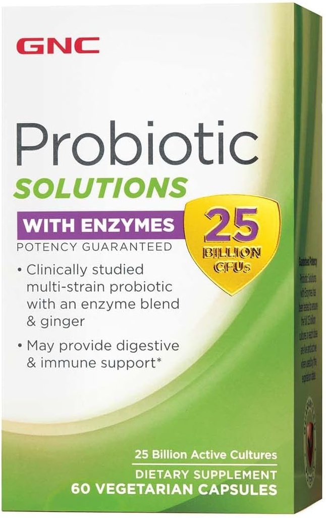GNC Probiotic Solutions med Enzymes, ger Digestive och Immune Support, 25 miljarder CFU, 60 vegetariska kapslar, 60 portioner
