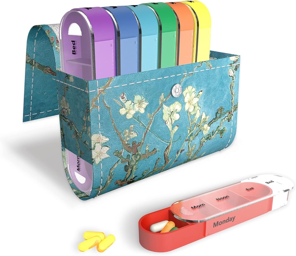 Pill Organizer,LIZIMANDU Veckovis Travel Pill Case Box Medication Reminder Daily AM PM, Day Night 7 Compartments, för 4 gånger per dag, 7 dagar per vecka-inkluderar Läder PU bär fall (Peach Blossom)