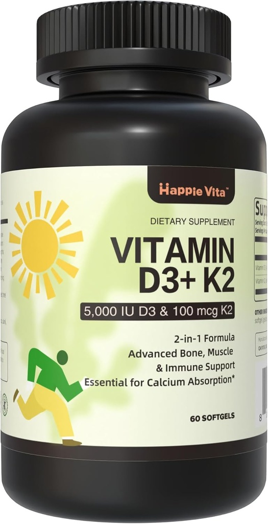 Vitamin D3 K2, vitamin D3 5000 IE (125 mcg) + Vitamin K2 100 mcg, 2 i 1 D3 och K2 Tillskott för ben, tänder, muskel och immunhälsa, 60 Softgels