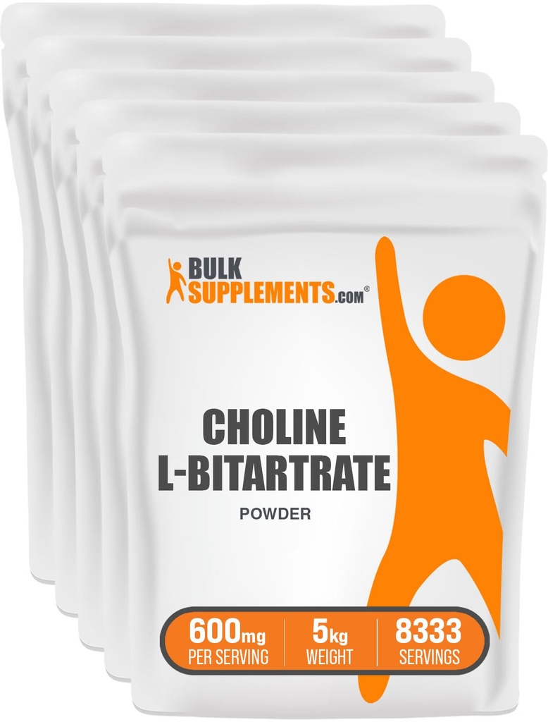 BulkSupplements.com Choline Bitartrate Powder - som Choline L-Bitartrate, Choline Supplement - Gluten Free, 600mg per Servering, 5kg (11 lbs) (Pack på 5)