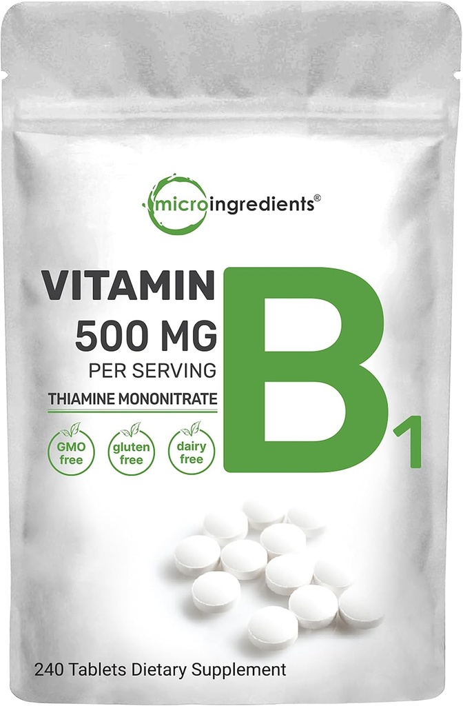 Micro Ingredients Vitamin B1 500mg Per Servering, 240 tabletter | Vitamin B1 Thiamine Supplement, Essential B Vitaminer | Stöder Metabolism & Healthy Nervous System | Non-GMO, Lätt att Svälja