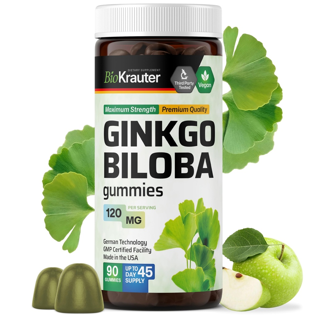 BIO KRAUTER Ginkgo Biloba Gummies - 90 Vegan Chews - Ginkgo Biloba Supplements for Brain Support - 120 mg Standardized Extract - Pectin-Based Formel