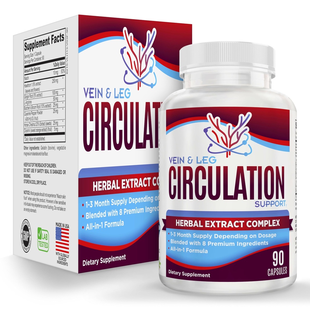 Vein & Leg Circulation Supplement (All-in-1) Hälsostöd med 8 aktiva ingredienser | Blodcirkulation Booster Formel | Leg & Vein Supplements | 1-månaders leverans | 90 kapslar