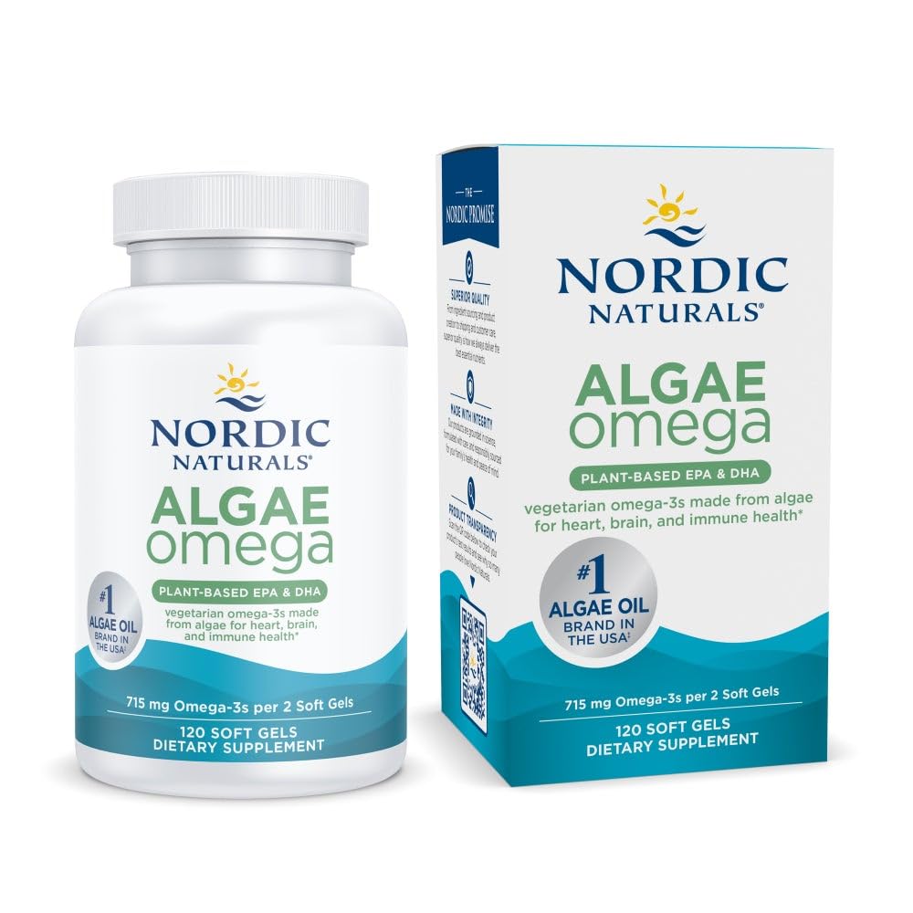Nordic Naturals Algae Omega - 120 Soft Gels - 715 mg Omega-3 - Certified Vegan Algae Oil - Plantbaserad EPA & DHA - Hjärta, öga, immun och hjärnhälsa - Non-GMO - 60 portioner