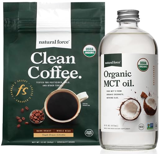 Natural Force Organic Dark Roast Clean Coffee + Organic MCT Oil Bundle - 100% Pure Coconut MCTs & Mold & Mycotoxin Free Coffee - Non-GMO, Keto, Paleo och Vegan - 12 Oz och 16 Oz