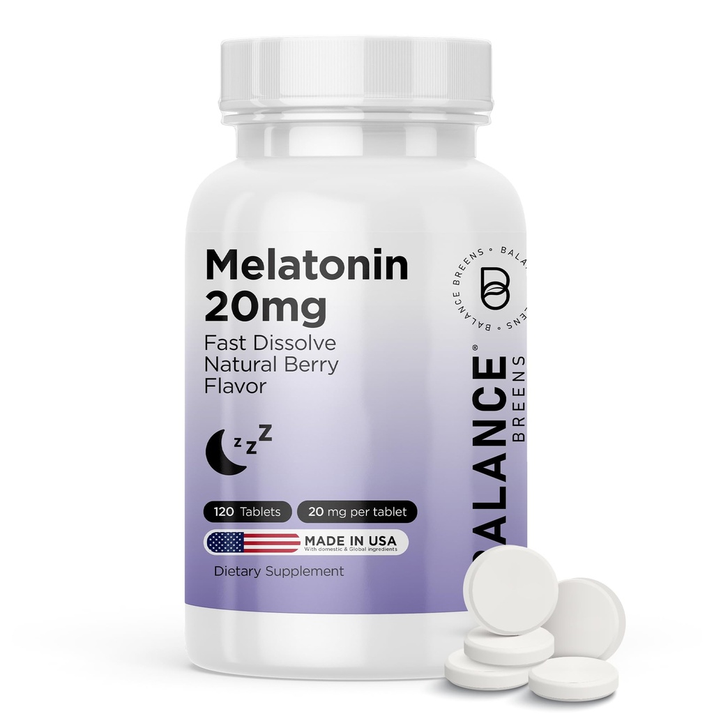 Balancebreens Melatonin 20mg snabbt lösa tabletter - Hög styrka, snabbverkande, naturligt sömnstöd - sömnhjälpmedel för vuxna - Icke-Groggy, drogfri formel - 120 sovande piller
