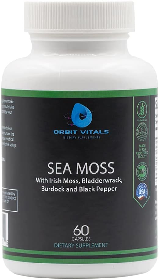 Sea Moss med Irish Moss Burdock Root Bladderwrack & Black Pepper - Nutrients-Rich Superfood för Immune, Digestive, Joint, Skin Health - Vegan, Non-GMO - 60 Irish Moss Capsules, Made in USA