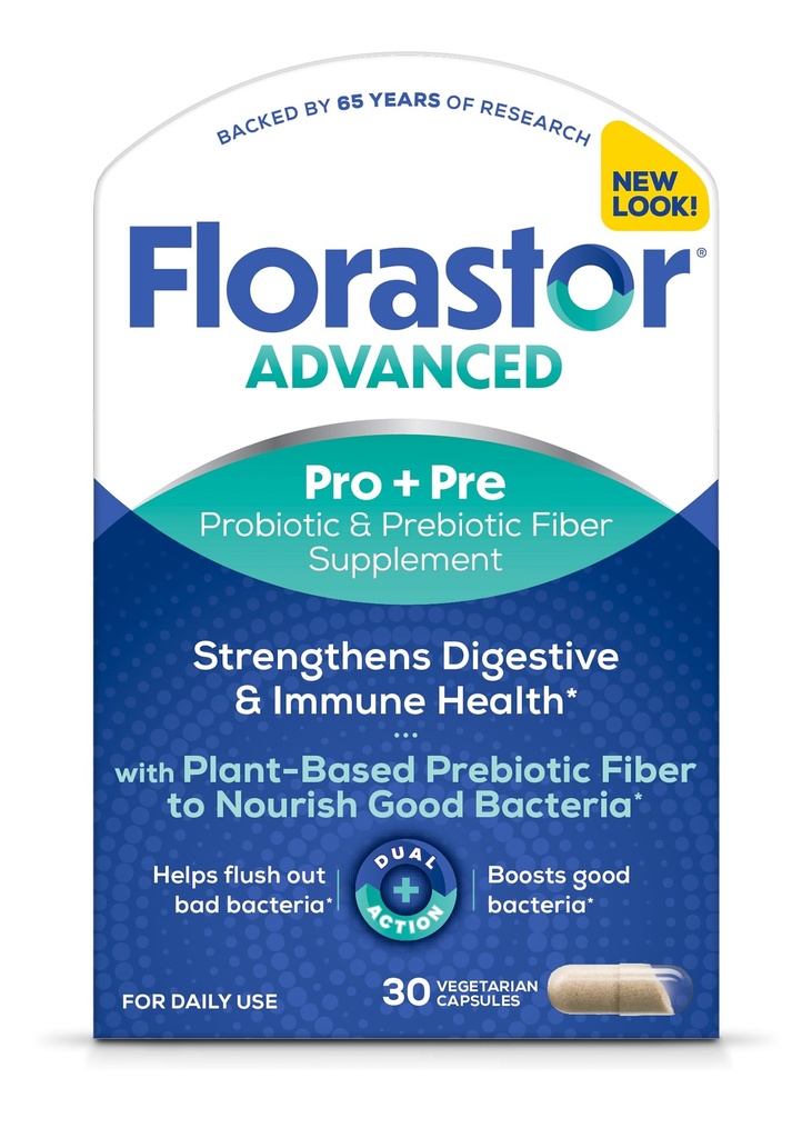 Florastor Advanced Pro+Pre Daily Probiotic and Prebiotic Supplement for Women and Men, Boosts Good Bacteria, Saccharomyces Boulardii CNCM I-745 (30 kapslar) (Pack of 1)