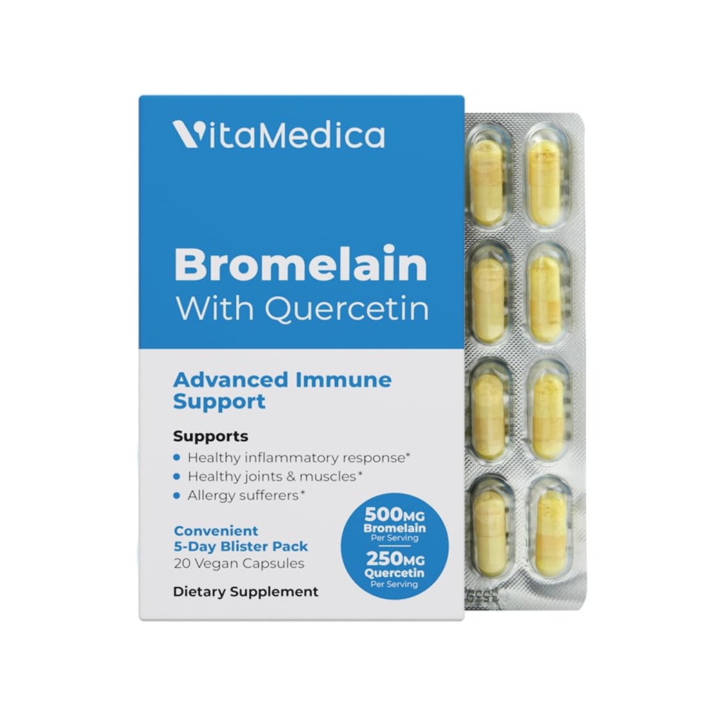 VitaMedica Bromelain & Quercetin Supplement - 500mg Bromelain 250mg Quercetin - 2400 GDU för immunitet, gemensamt stöd, inflammation och muskelåterhämtning - 20 Vegan Capsules - 5 Day Supply