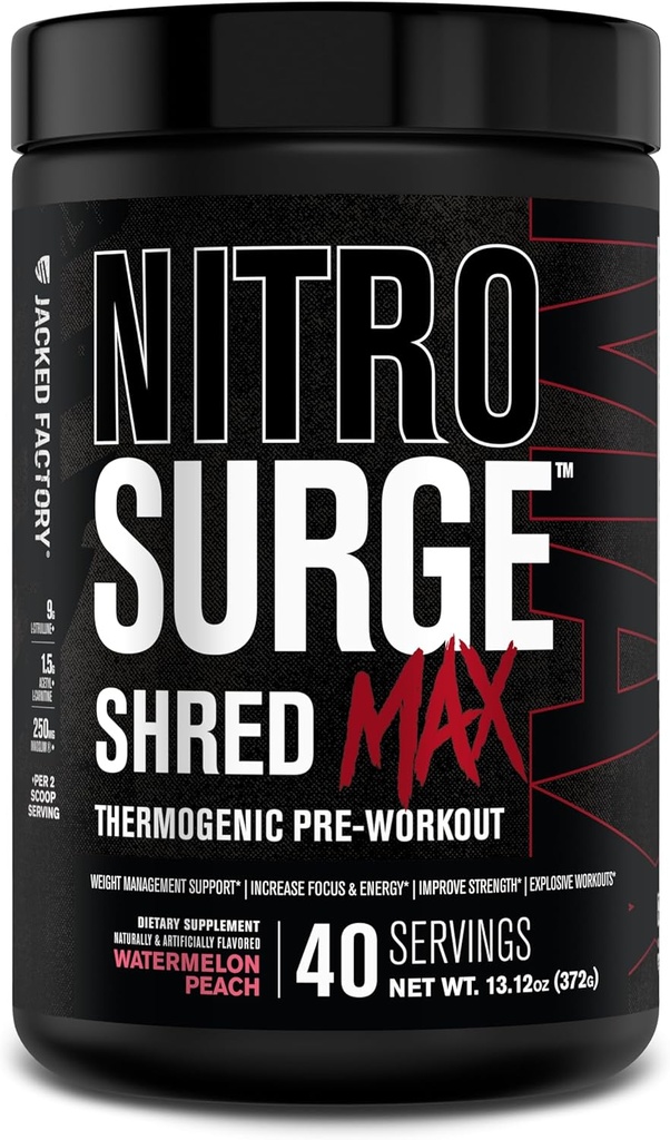 Jacked Factory Nitrosurge Shred Max Preworkout - High-Performance Thermogenic Pre Workout Powder för män och kvinnor - L Citrulline, Acetyl L Carnitine, organisk koffein - 40 portioner, Watermelon Peach