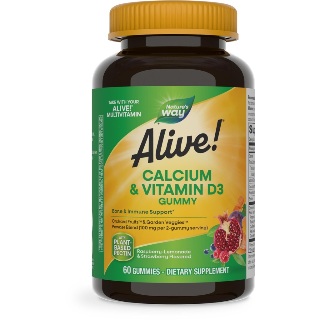 Naturens väg levande! Chewable Calcium Gummies med vitamin D3, Daily Supplement stöder hälsosamma ben och tänder och muskelfunktion *, jordgubbar och hallon-lemonade smaksatt, 60 Gummies