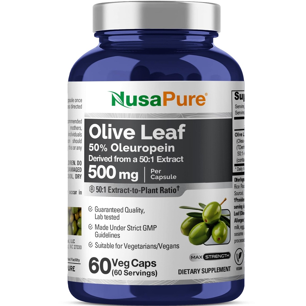 NusaPure Olive Leaf 50:1 Extrakt, 500 mg Equivalent till 25 000 mg - 50% Oleuropein Vegan / Vegetarian - Super Styrka No Oil 60 kapslar