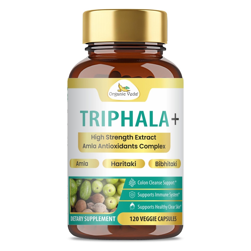 Organiska Veda Triphala kapslar - Ultra koncentrerad Amla Extract Organic Triphala Supplement med naturlig vitamin C - för Colon Cleanse, Skin Radiance, Immunity & Digestion - 120 Vegan Pills
