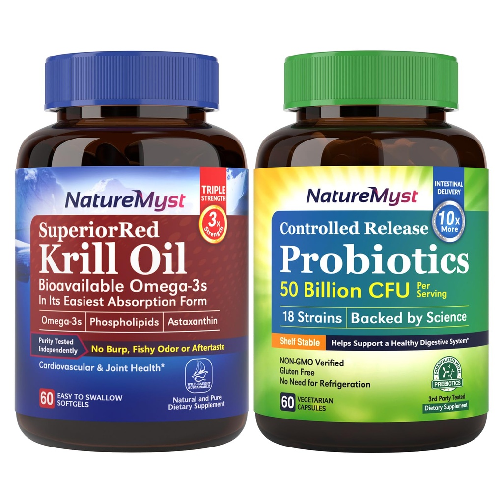 Krill Oil and Probiotics 50 Billion Bundle, Professional Grade, Non-GMO, Heart, Joint, Gut Function & Immune Support