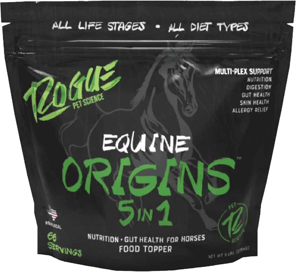 ROGUE PET SCIENCE Origins 5-i-1 Hästtillskott - Pelleted Equine Food Topper w/Natural Omega 3 Fish Oil - Stöder Gut Health, Ulcer Relief & Joints-Helps Allergies, Hud och Coat Health (5 lbs)